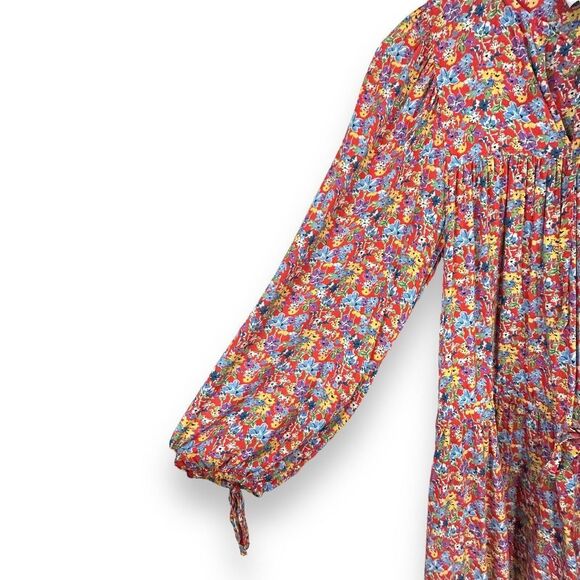 Perseverance London Dress Womens Small Red Floral Boho Cottage Core Tie Gathered - Picture 8 of 13